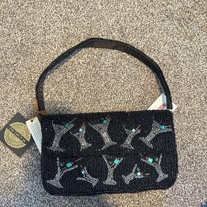 Elegant Black Beaded Shoulder Bag with Martini Design